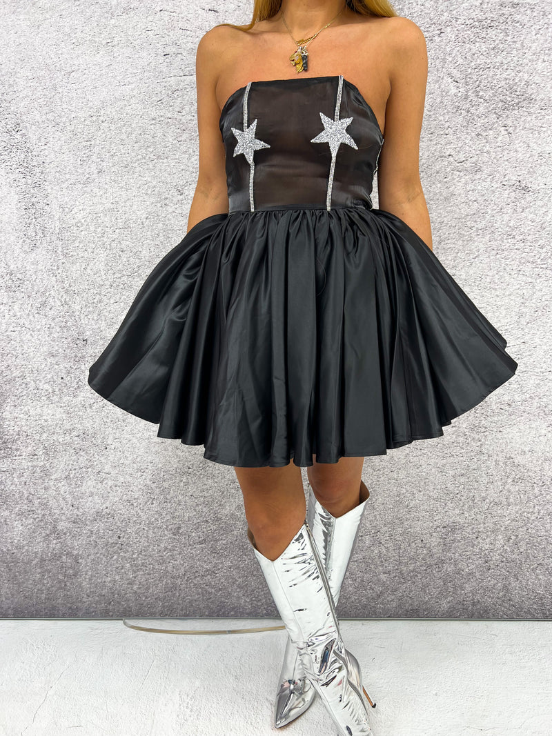 "Shooting Star' Corset Detail Full Skirt Mini Dress In Black