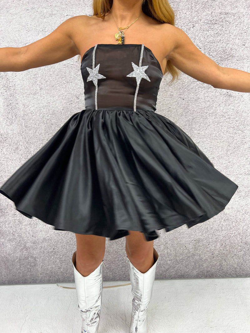 "Shooting Star' Corset Detail Full Skirt Mini Dress In Black