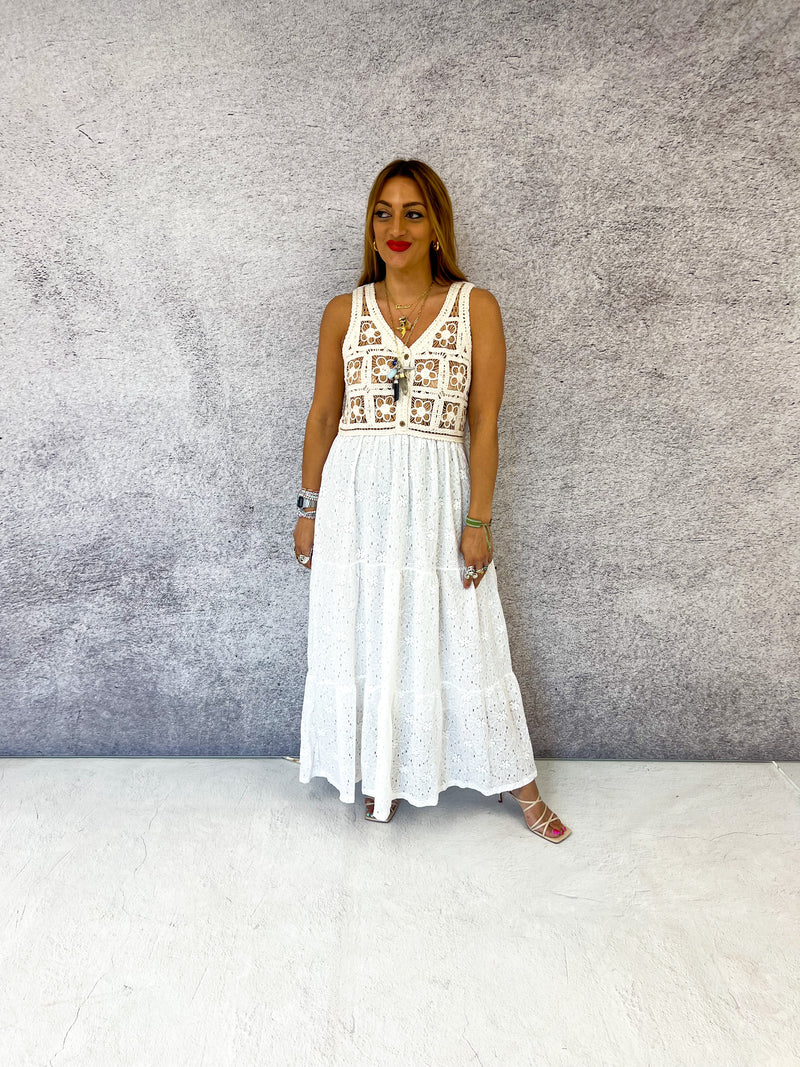 Crochet Detail Lace Style Midi Dress In White