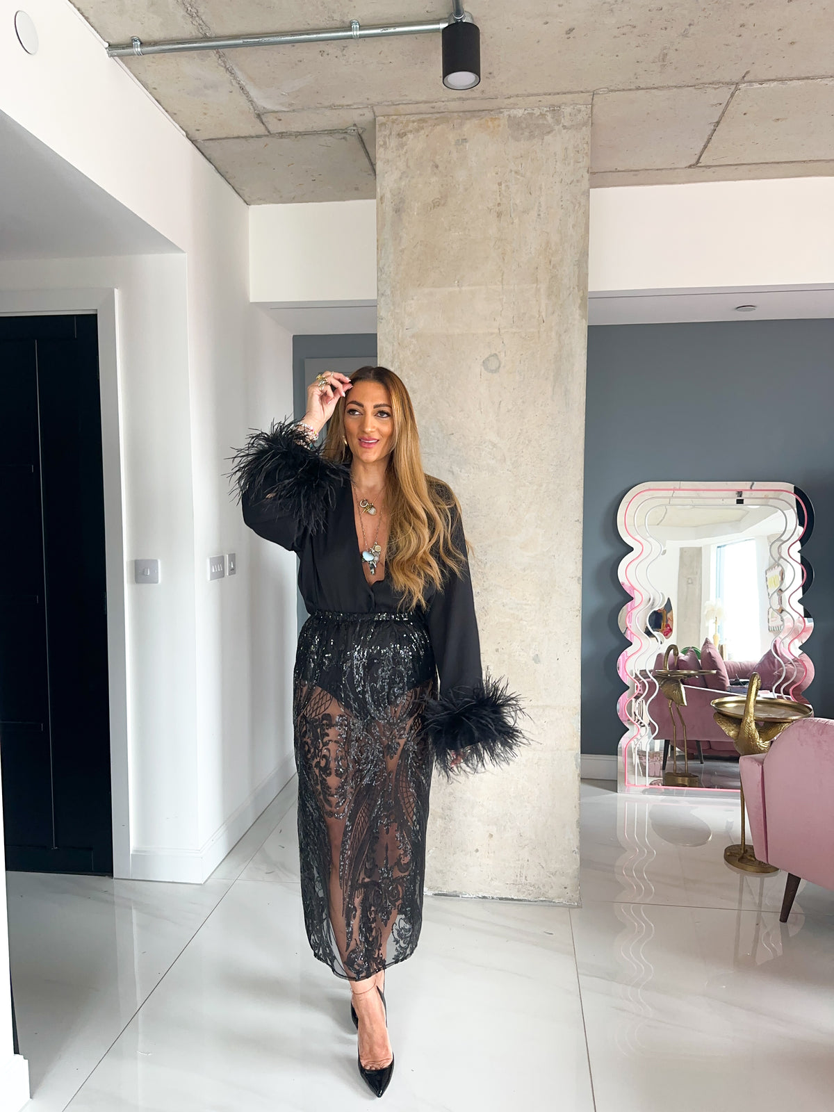 Solaris Sequin Midi Skirt In Black
