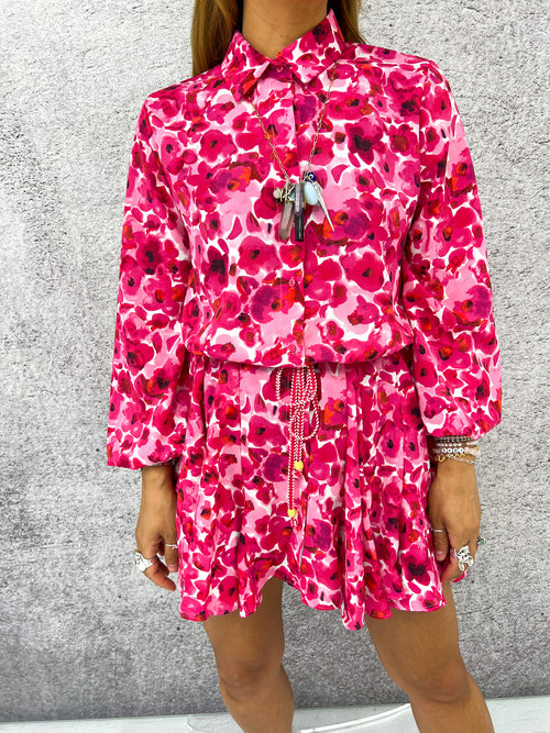 Button Front Mini Shirt Dress In Pink/Red Smudge Floral Print