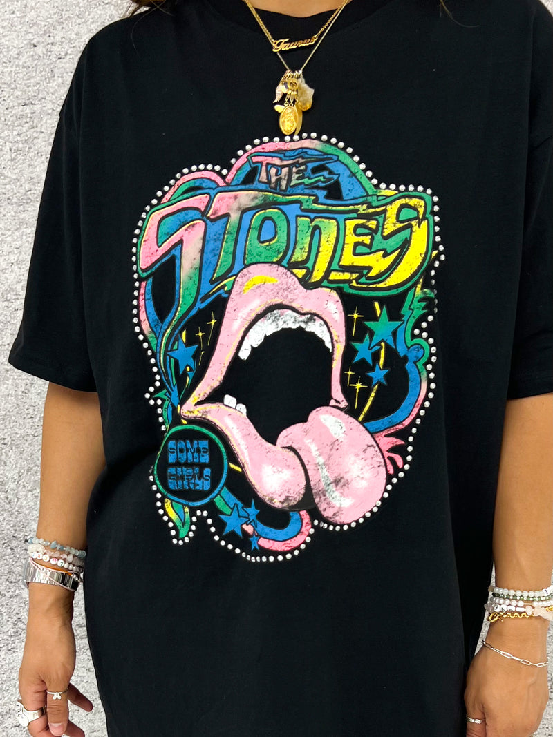 Rolling Stones 'Neon Tongue ’ Tee In Black With Rhinestone Detailing