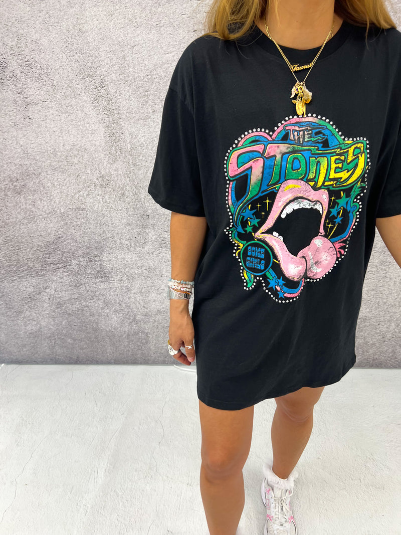 Rolling Stones 'Neon Tongue ’ Tee In Black With Rhinestone Detailing