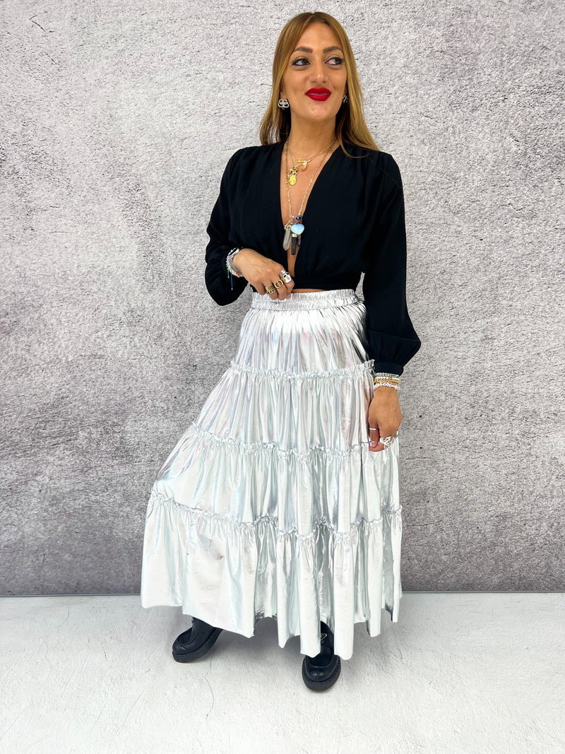High Waisted Tiered Midi Skirt In Silver Metallic