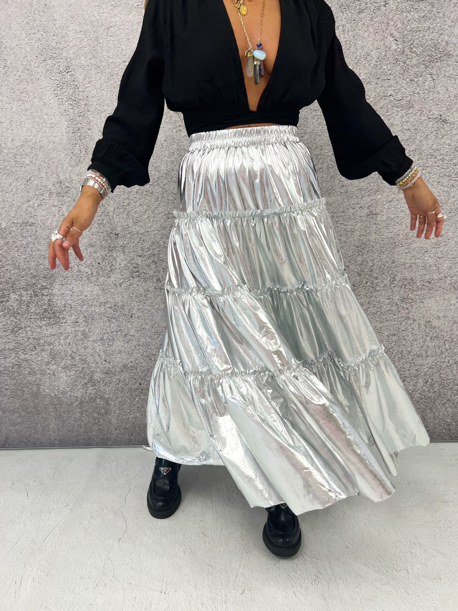 High Waisted Tiered Midi Skirt In Silver Metallic – COCO BOO LOVES