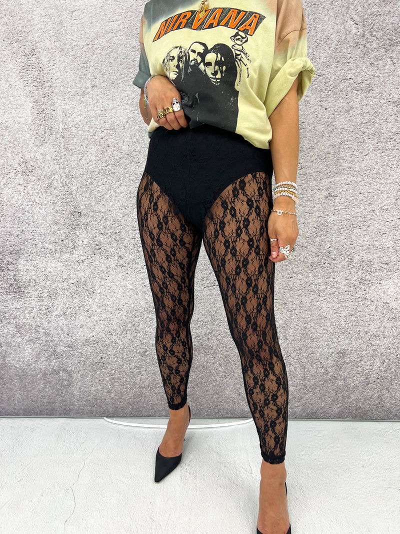 High Waisted Sheer Lace Leggings In Black