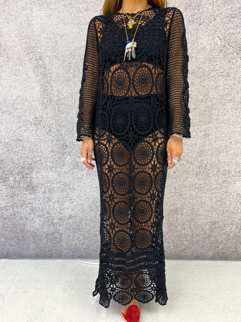 Sheer Crochet Knit Midi Dress In Black