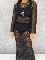Sheer Crochet Knit Midi Dress In Black
