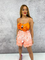 Broderie Anglaise High Waisted Shorts In White/Orange