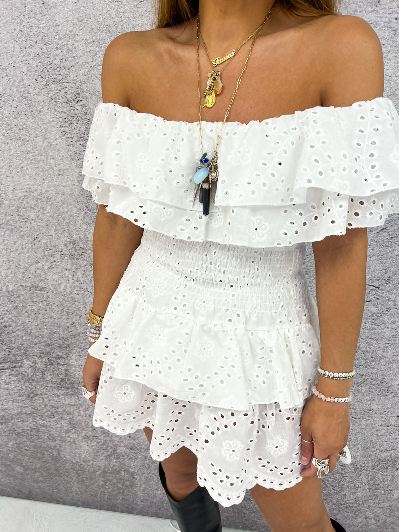 Broderie Anglaise Ruffle Detail Bardot Top In White