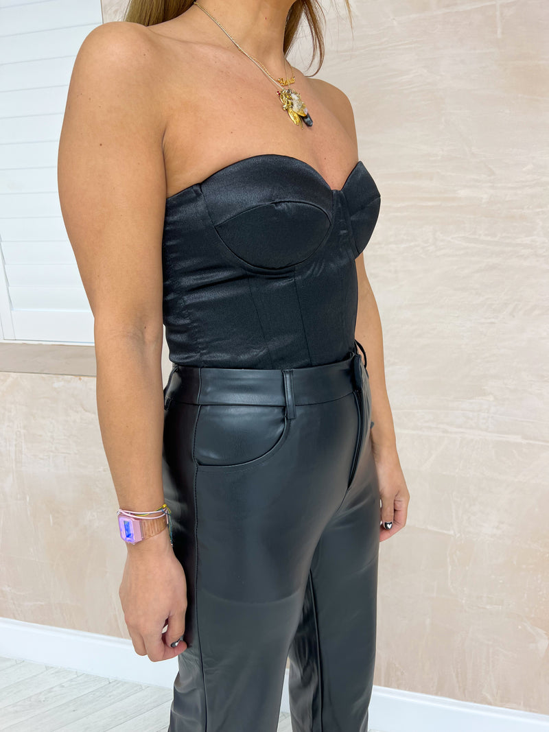 Satin Cupped Bodice Style Top In Black