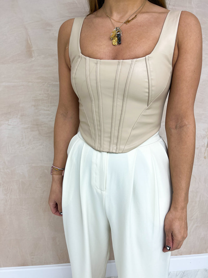 Faux Leather Corset Style Top In Cream