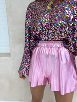High Waisted Metallic Shorts In Pink
