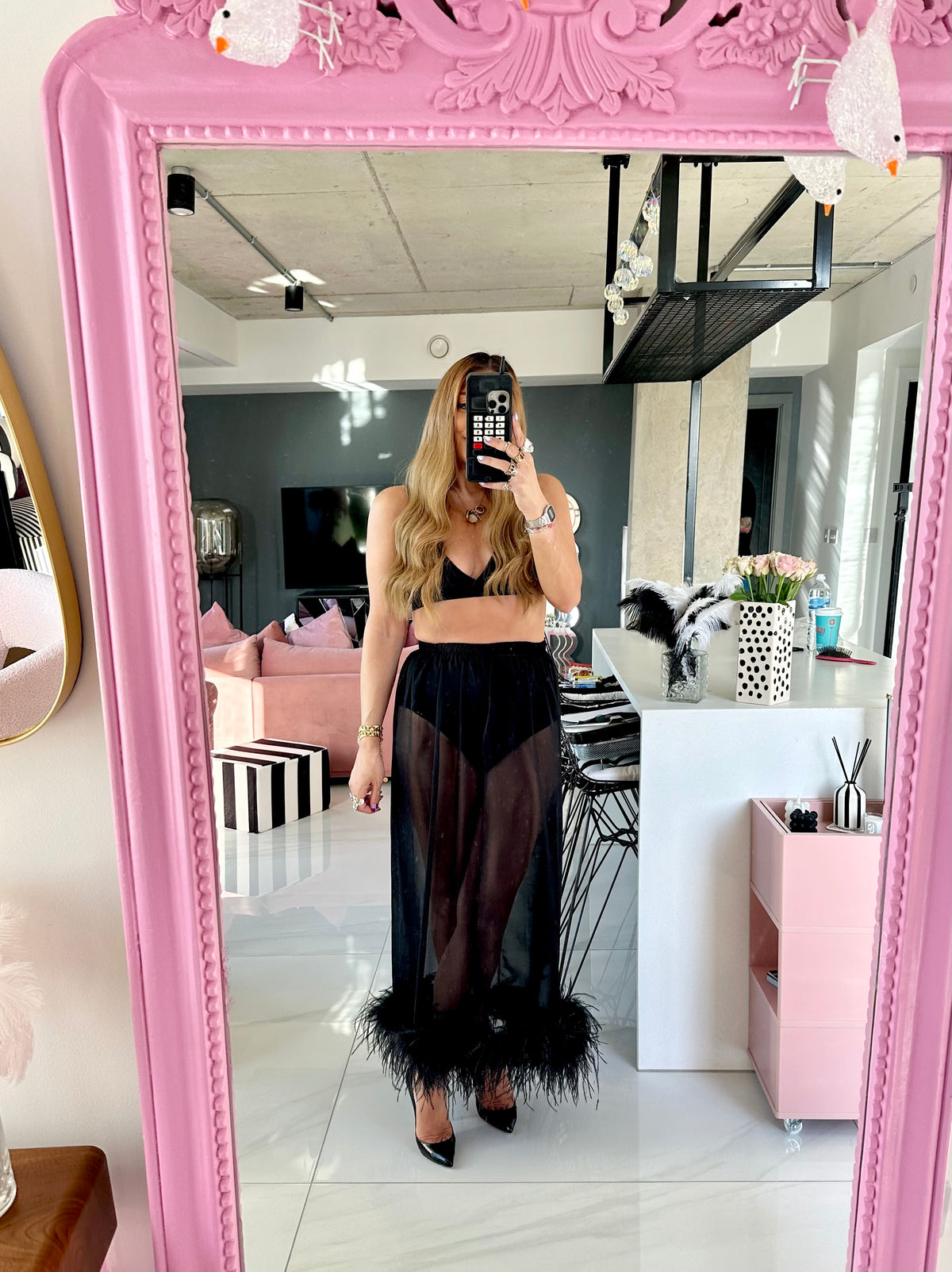 Feather Hem Chiffon Skirt In Black