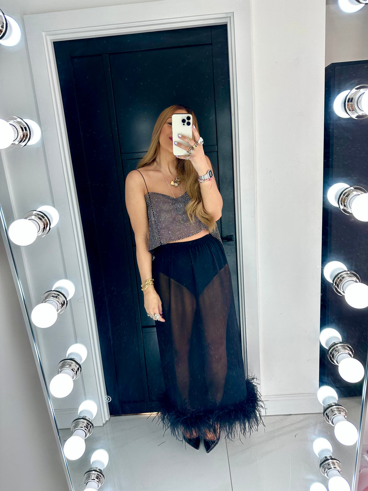 Feather Hem Chiffon Skirt In Black