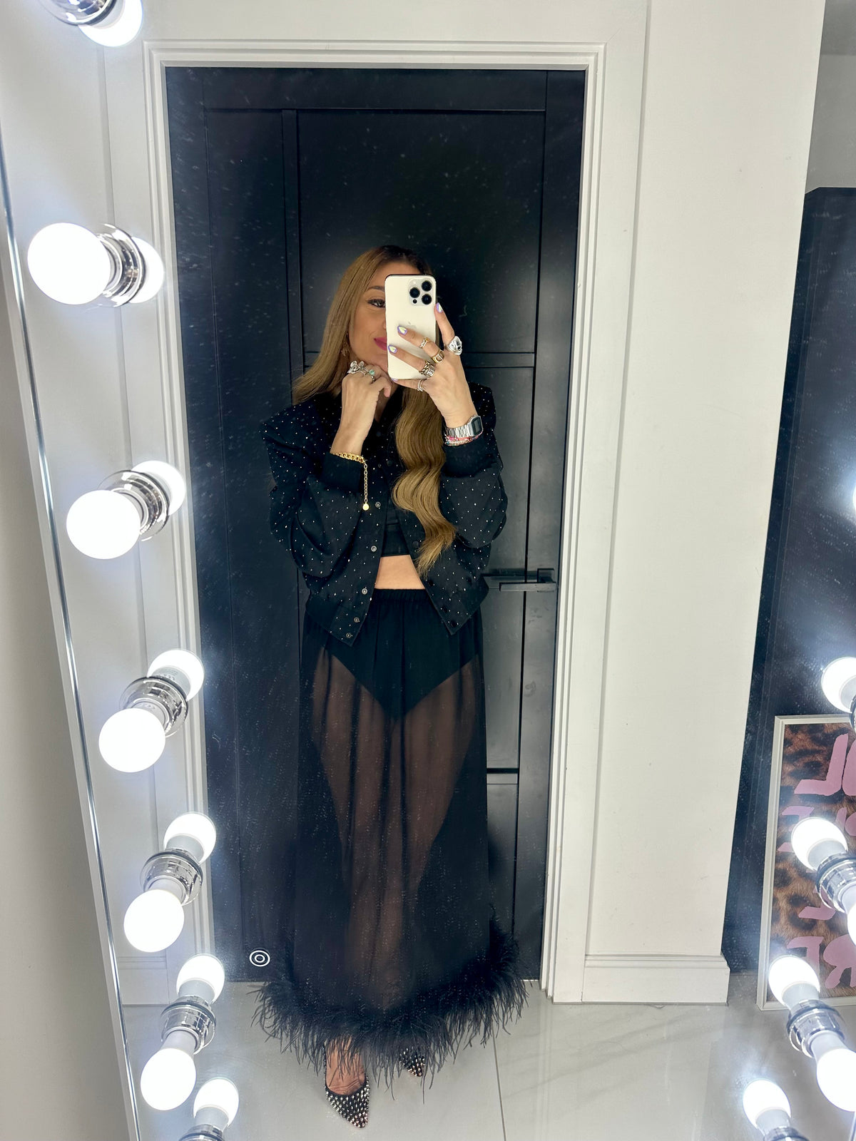 Feather Hem Chiffon Skirt In Black