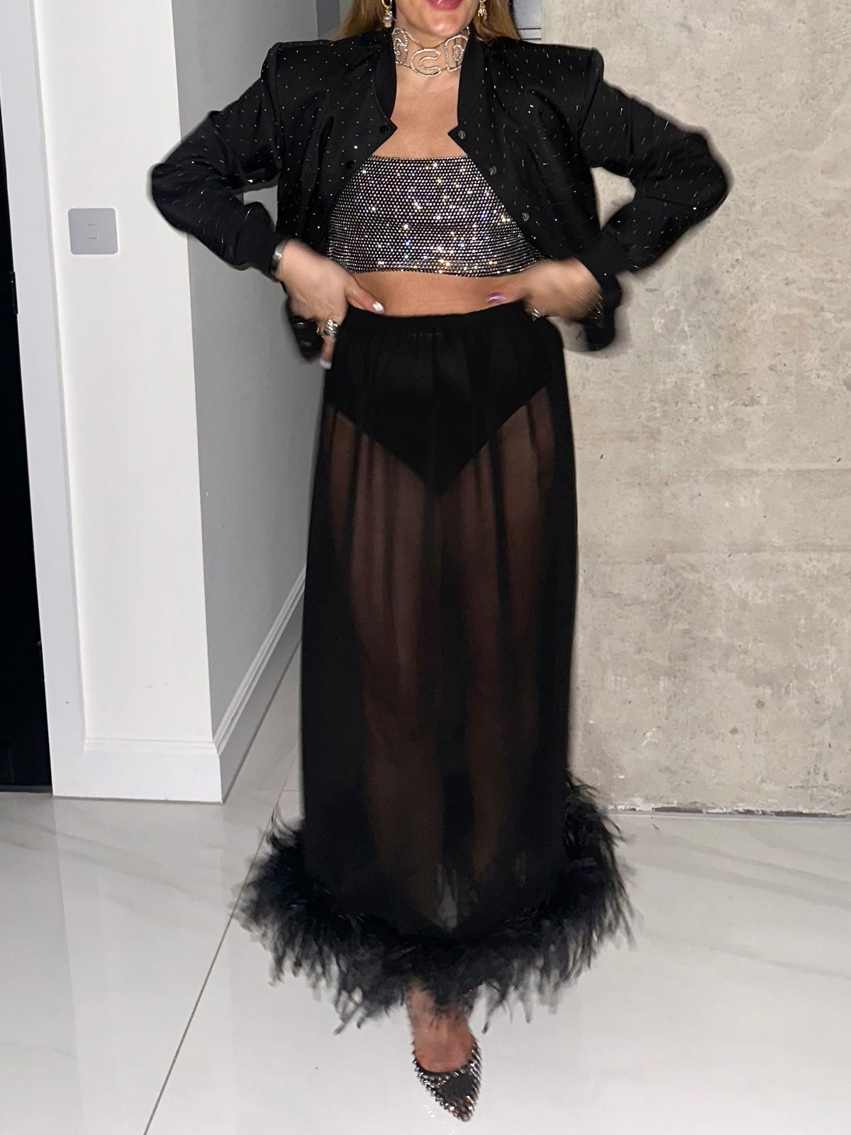 Feather Hem Chiffon Skirt In Black