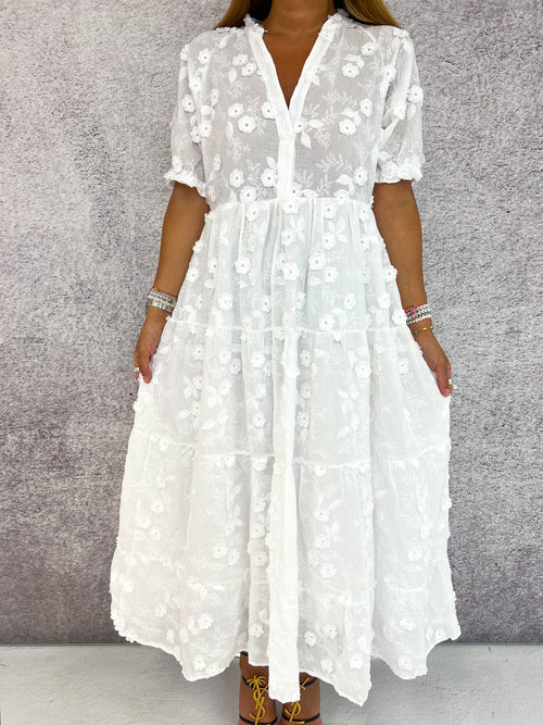 Scattered Floral Applique Floaty Midi Dress In White