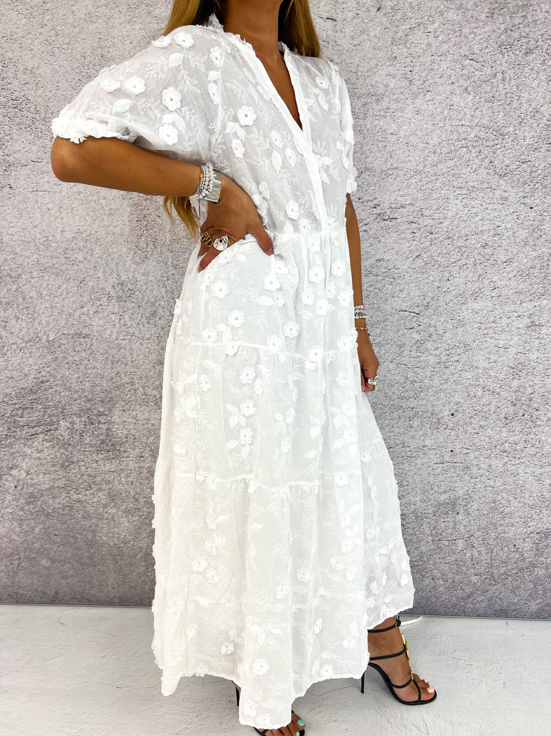 Scattered Floral Applique Floaty Midi Dress In White