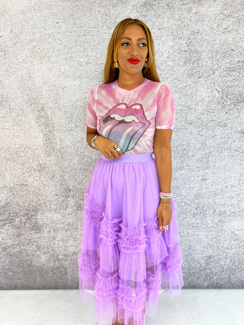 Tulle Tutu Ruffle Midi Skirt In Lilac