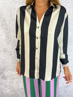 Satin Style Relaxed Fit Shirt In Black/Beige Stripe
