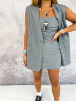 Fold Over Top Strapless Dress In Grey/White Pinstripe