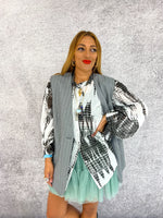 Sleeveless Blazer Style Waistcoat In Grey/White Pinstripe