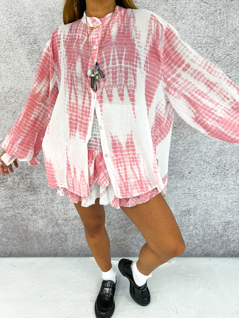 Tie Dye Effect Oversized Shirt In White/Pink Cheesecloth