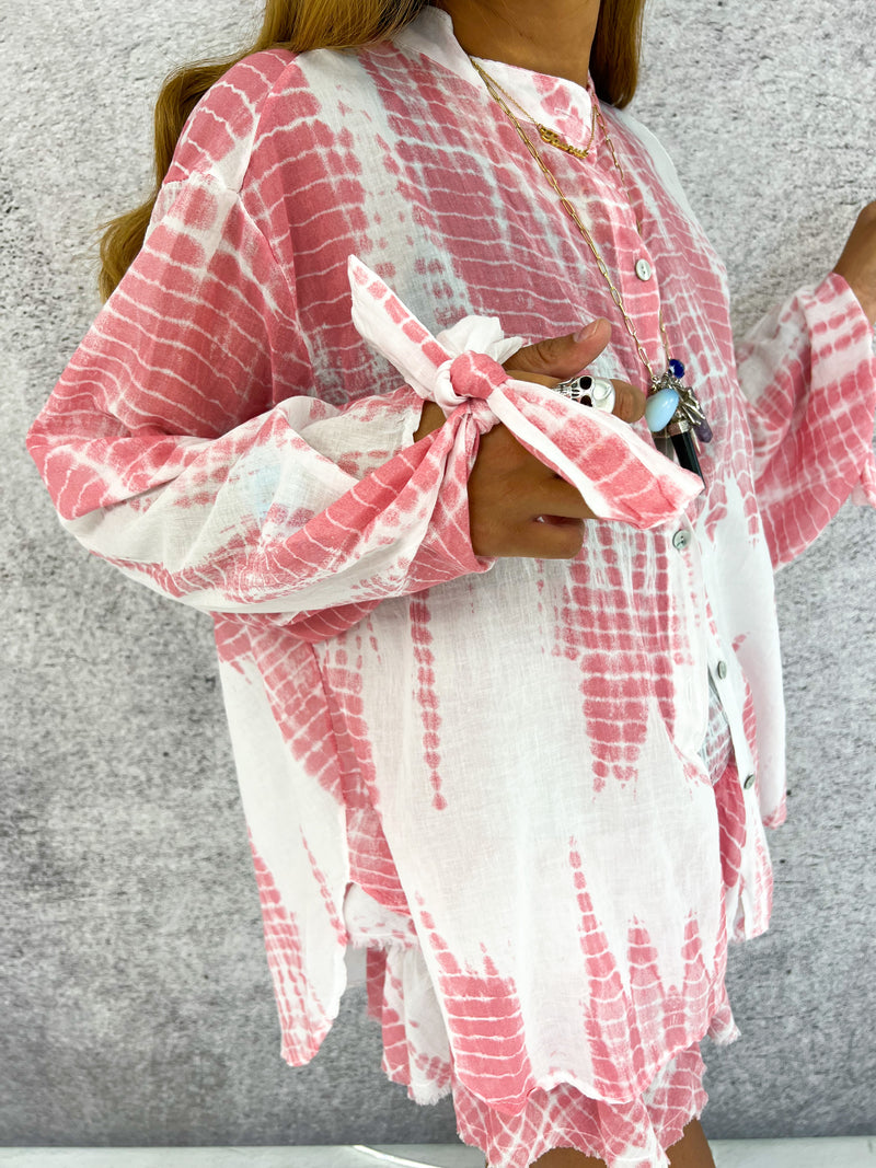 Tie Dye Effect Oversized Shirt In White/Pink Cheesecloth