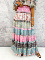 Ditsy Floral Multi Stripe Tiered Midi Skirt In Pink Mix