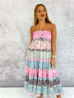 Ditsy Floral Multi Stripe Tiered Midi Skirt In Pink Mix