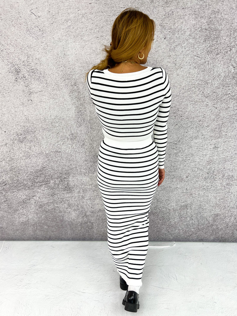 Rib Knit Co-ord Set In White With Black Stripes