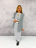 Rib Knit Co-ord Set In White With Black Stripes
