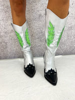Western Style Cowboy Boots In Silver/Green Metallic