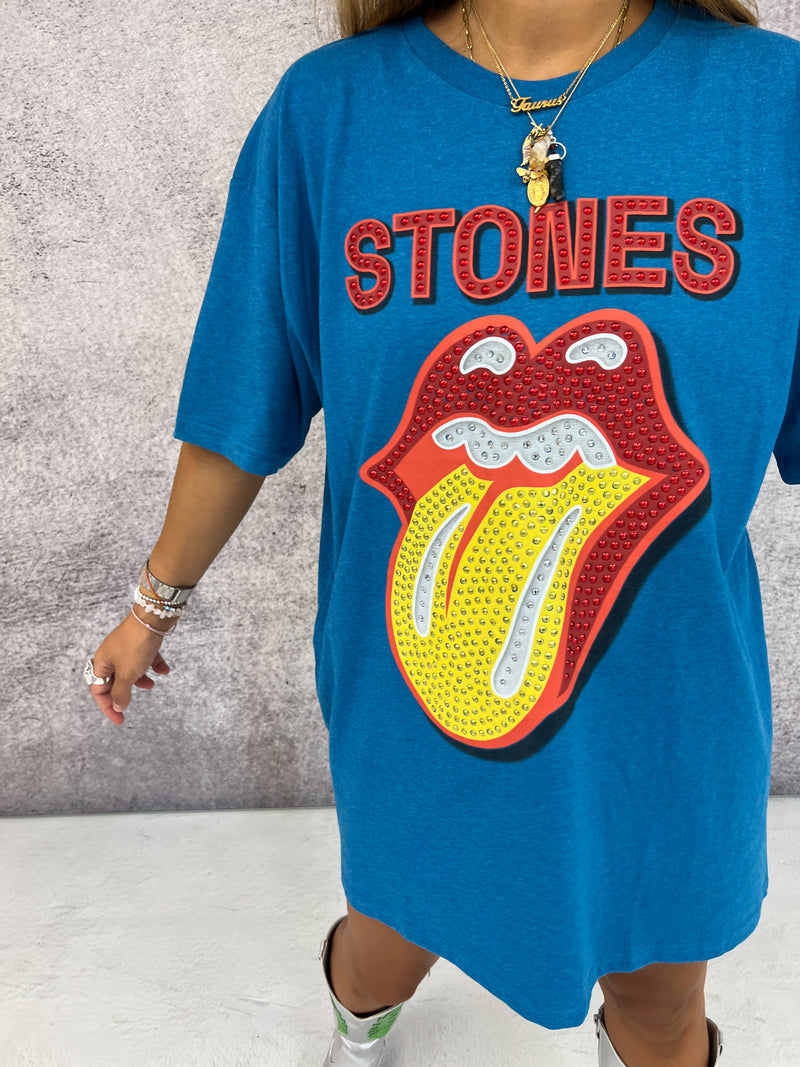 Rolling Stones ‘Diamante Tongue’ Tee In Petrol Blue