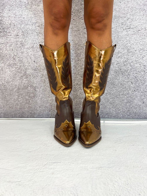 Western Style Cowboy Boots In Brown/Gold Metallic