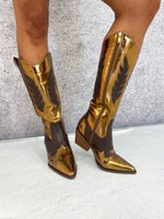 Western Style Cowboy Boots In Brown/Gold Metallic