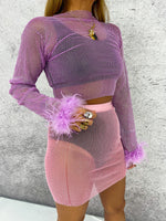 Sparkly Rhinestone Mesh Feather Cuff Top In Lilac