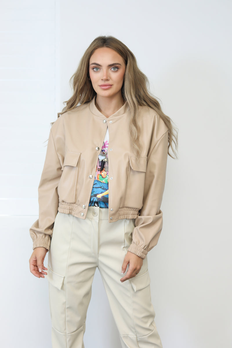 Cropped Faux Leather Bomber Jacket In Beige