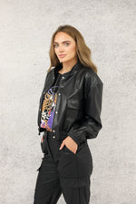 Cropped Faux Leather Bomber Jacket In Black