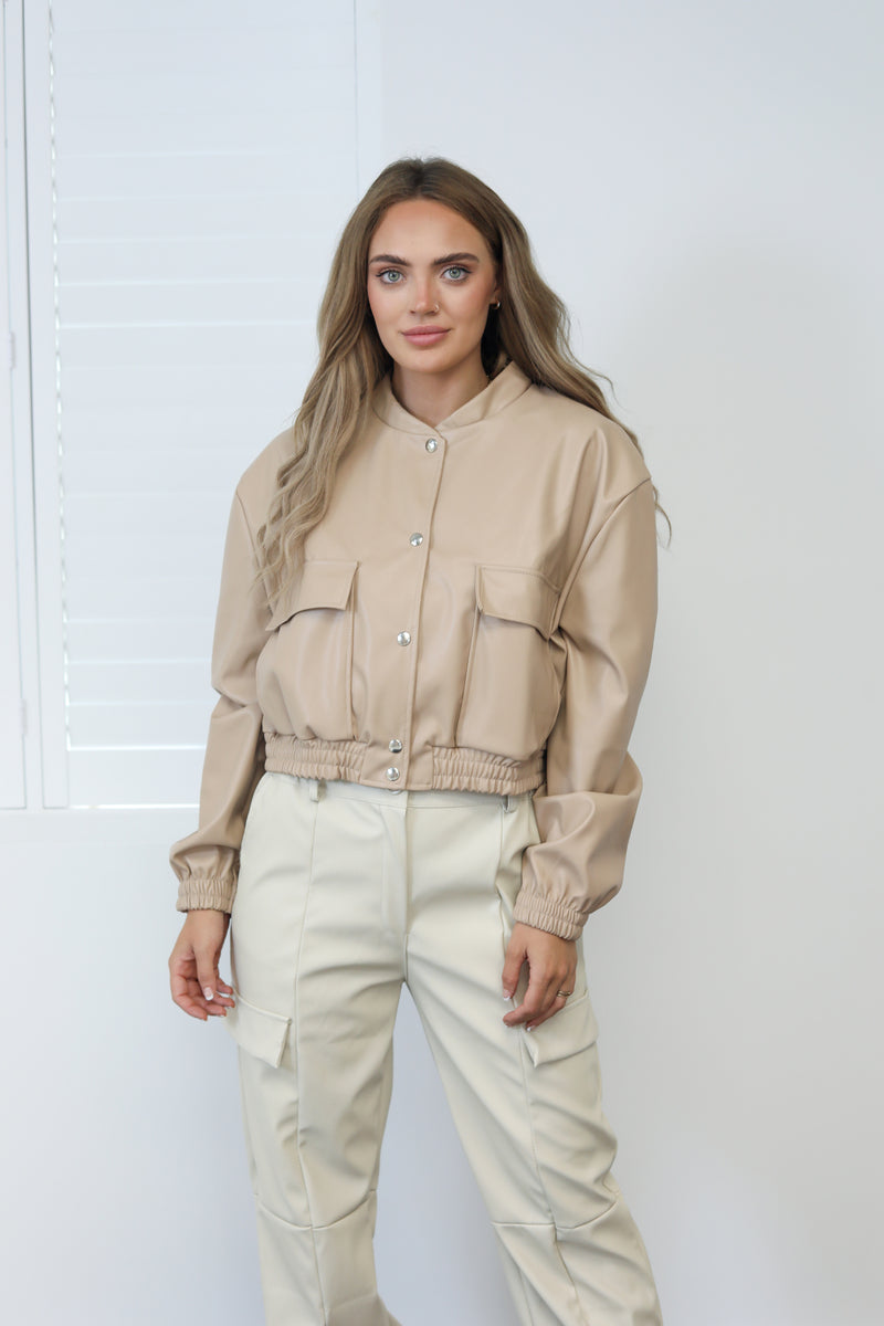 Cropped Faux Leather Bomber Jacket In Beige