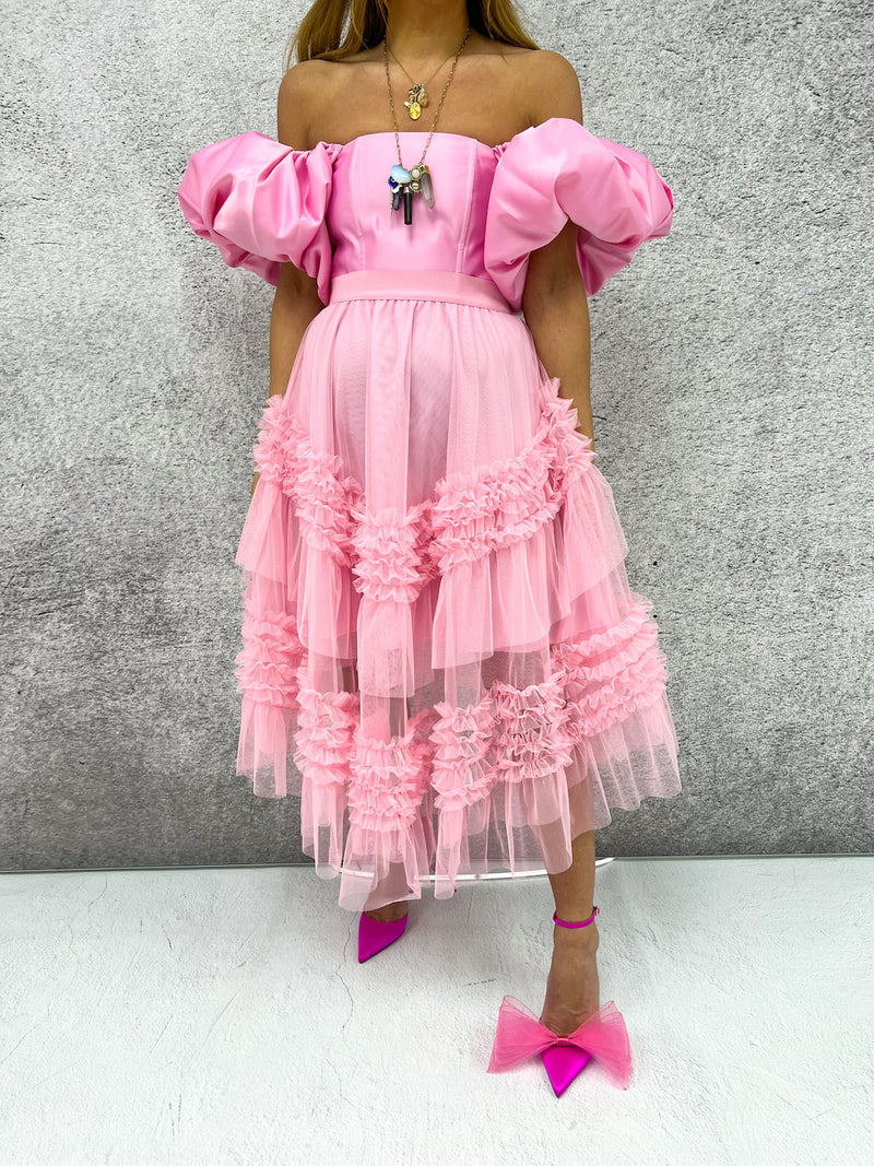 Tulle Tutu Ruffle Midi Skirt In Baby Pink