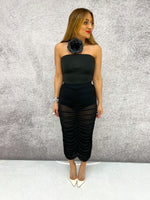 High Waisted Sheer Mesh Ruched Midi Skirt In Black