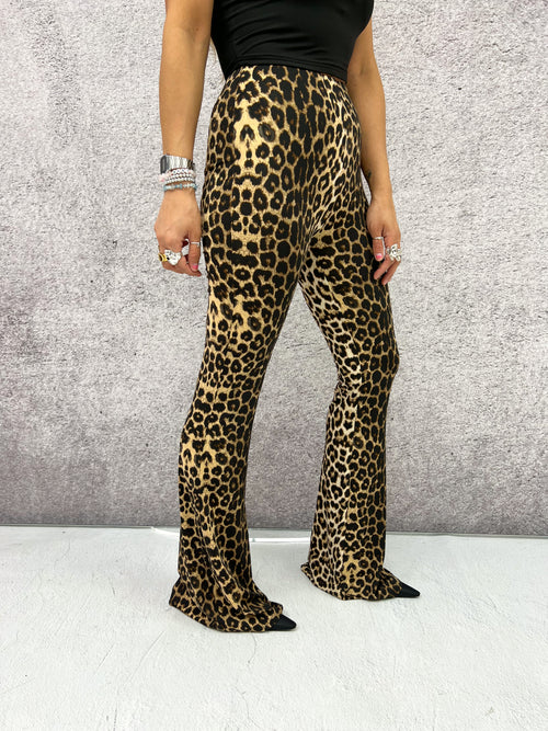 High Waisted Flared Trousers In Brown Leopard Print