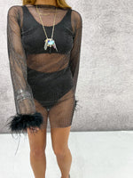 Sparkly Rhinestone Mesh Feather Cuff Mini Dress In Black