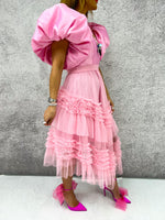 Tulle Tiered Ruffle Midi Skirt In Baby Pink