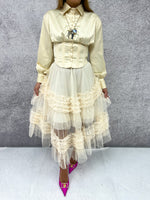Tulle Tiered Ruffle Midi Skirt In Cream