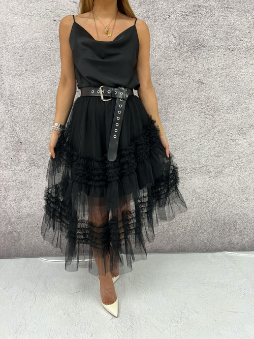 Tulle Tiered Ruffle Midi Skirt In Black