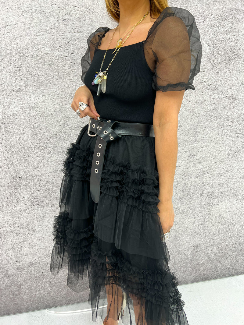 Tulle Tiered Ruffle Midi Skirt In Black