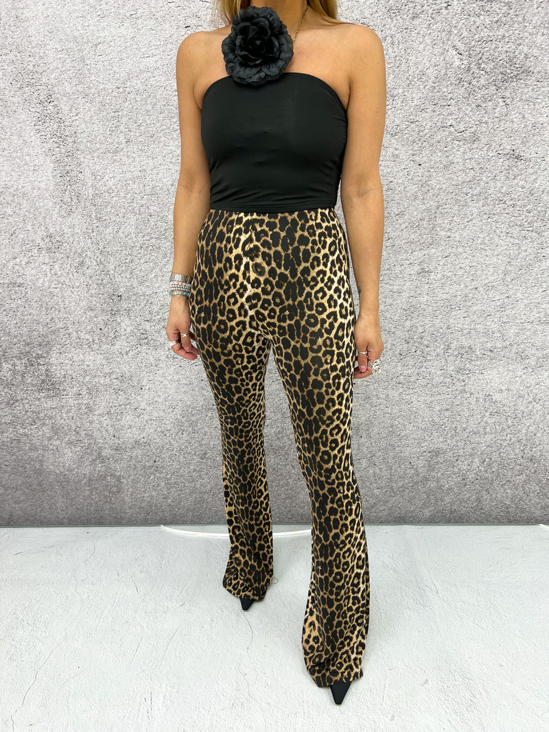 High Waisted Flared Trousers In Brown Leopard Print